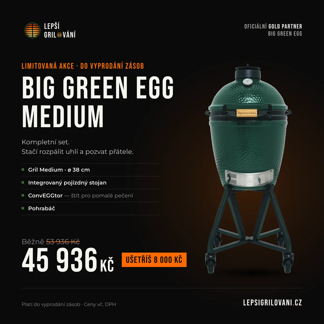 AKCE Gril MEDIUM Big Green Egg v integgrovaném pojízdném stojanu
